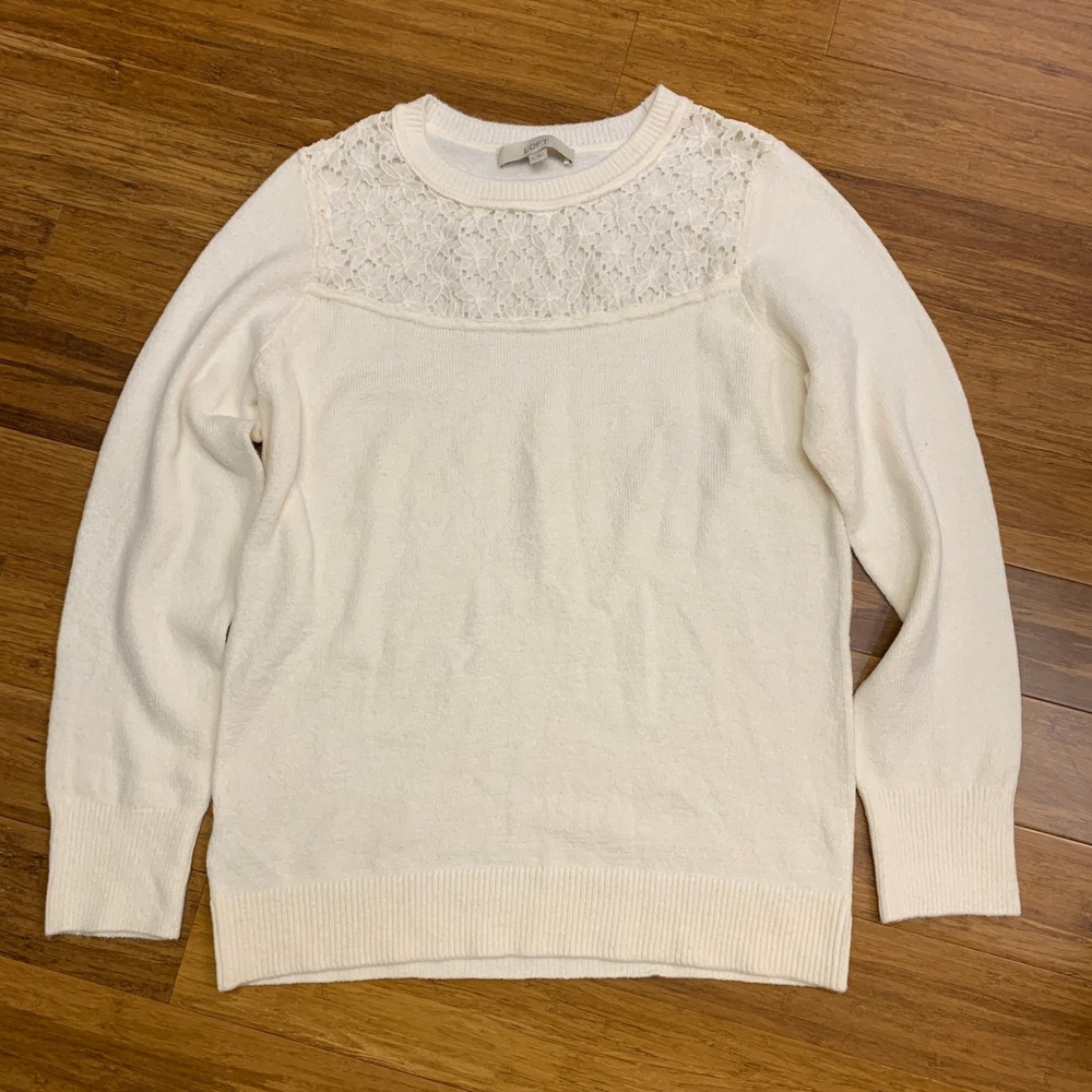 LOFT Lace Yoke Sweater Womens Size Medium Ivory Cream Knit Pullover Long Sleeve